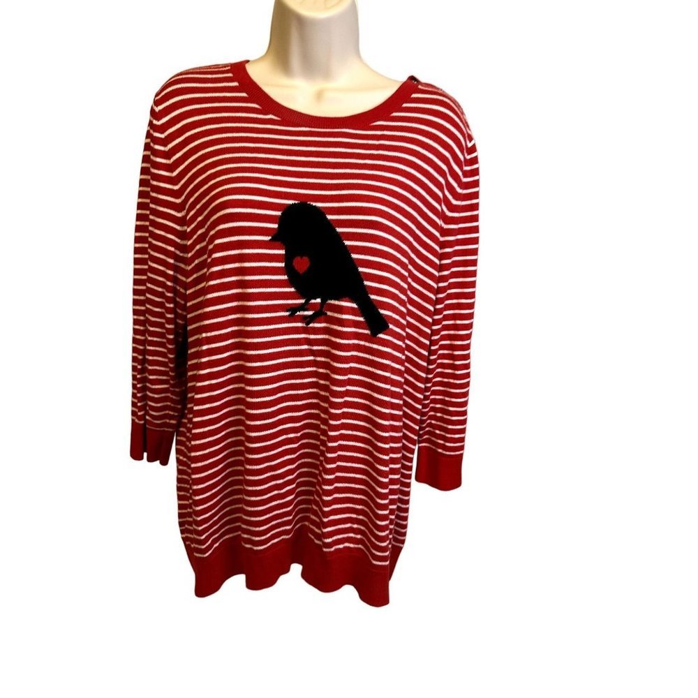Talbots Red Striped Heart Love Bird Rayon Cotton 3/4 sleeve Sweater Plus Size 1x